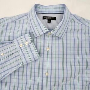 Banana Republic Mens Non‎ Iron Slim Fit Dress Shirt Large Light Blue Green Plaid